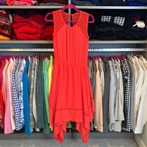 BCGB Max Azria orange embroidery sleeveless handkerchief hem midi dress size XXS